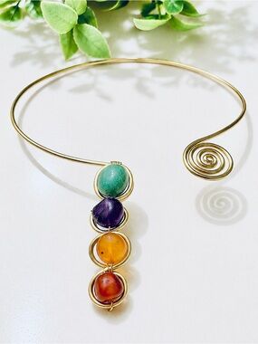Gold Tone Women’s Choker Necklace with Green, Purple, Amber and Red Gemstones